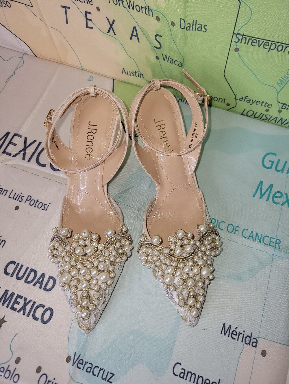 J Renee Pearl Embellished Nude Ankle-Strap Pointed Heels Shoes